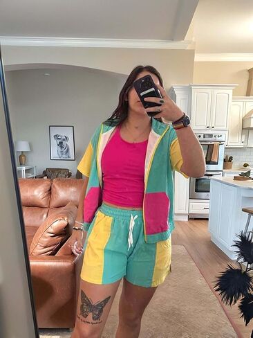 UOUA Women's 80s Color Block Outfits 2 Piece Tracksuit 90s Party Costume Summer Zip Up Windbreaker & Short Sets in Saudi Arabia