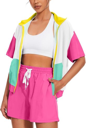 UOUA Women's 80s Color Block Outfits 2 Piece Tracksuit 90s Party Costume Summer Zip Up Windbreaker & Short Sets in Saudi Arabia
