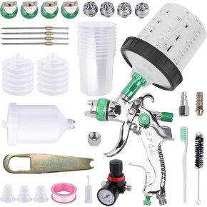 HVLP Spray Gun With 10Pcs 600ML Disposable Paint Cups, Automotive Gravity Feed Spray Gun Kit With 4 Nozzles,1.4/1.7/2.0/2.5mm, Sprayer Gun with Air Compressor Regulator for Auto Paint (Green)