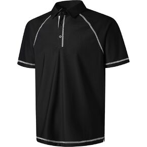 Mens Golf Shirt Short Sleeve Breathable Pique Knit Polo with Raglan Sleeves Button Down Collar Black