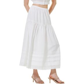 BEAUTELICATE Women Edwardian Long Skirt A-Line Lace Trim Pintuck Tier Skirt 100% Cotton