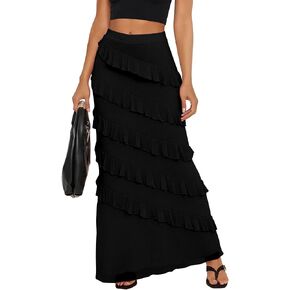 HOCILLE Women's Sexy Maxi Bodycon Skirt High Waisted Ruffle Mesh Party Long Skirts
