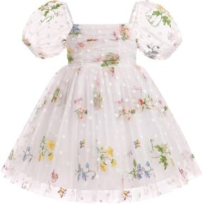 IBTOM CASTLE Toddlers Girls Floral Embroidery Birthday Dress Short Puff Sleeve Dress Polka Dot Princess Party Dress