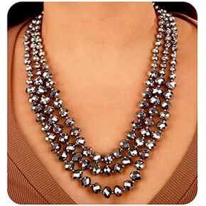 Wiwpar Faceted Strand Crystal Crystal Gray Dray Dray Netlace for Women Long Boho Sparkly Crystal Bead Necklace and Operings for Ladies (Gray)