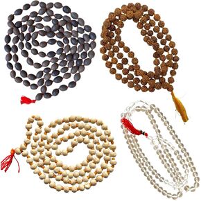 Naisha (حزمة من 4 Rudraksha Mala و Tulsi Basil Japa Mala و Kamal Gatta Mala & Crystal/Sphatik Agate Mala Lakshmi Puja Mala 5 Face Rudraksh