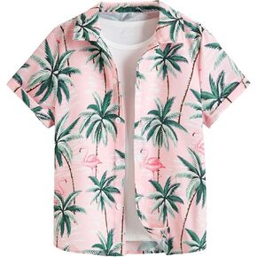 Verdusa Boy's Tropical Floral Button Up Shirts Short Sleeve Collared Vacation Tops