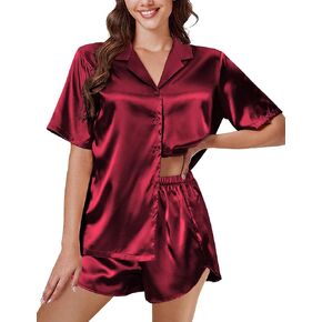 Ekouaer Silk Pajama Sets Womens Short Sleeve Sleepwear Satin 2 Piece Button Down Loungewear Pjs Shorts Set S-XXL