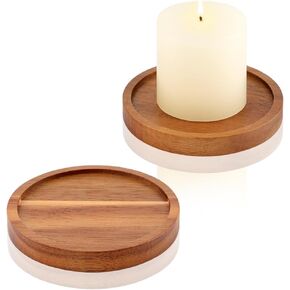 Wood Candle Holder Farmhouse Decor - HALE OTEIR Wooden Pillar Candles Tray for Pillar Floating Candles Set of 2 Round Wooden Plate Pedestal Stand for Coffee Table for Christmas Decor