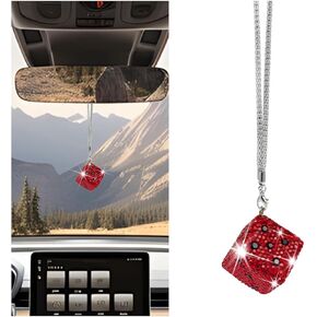 Bling Car Rear View Mirror Pendant, Creative Rhinestone Vehicle Hanging Dice Charms with Dots, Diamond Automotive Interior Rearview Swinging Ornament Accessories, Universal Fit (Red)