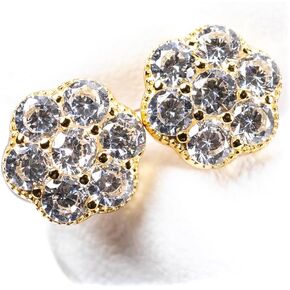 Brilliant Unisex Elegant Iced Cz 14K Yellow Gold Plated Sterling Silver Round Men's Women Flower Cluster Cz Unisex Circle Stud Hip Hop Hypoallergenic Screw Back Earrings