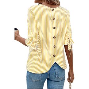 SweatyRocks Women's Button Back Decor Half Sleeve Crewneck Striped Blouse Tops
