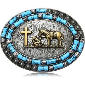 Western Cowboy Belt Buckle for Men Women, Texas American Religious Belt Buckles Turquoise Bead Halloween