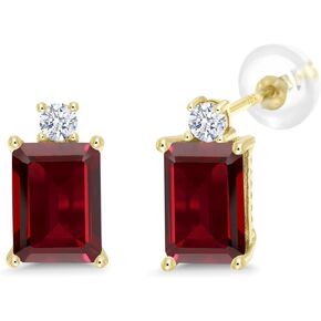 Gem Stone King 10K Yellow Gold Red Garnet Earrings For Women (4.00 Cttw, Gemstone Birthstone, Emerald Cut 8X6MM)