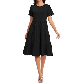 Womens Summer Short Sleeve Crew Neck Midi Dress 2025 Casual Fit Flowy Tiered Beach Vacation Sundress with Pockets
