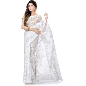 Women's Traditional Bengal Tant Handloom Dhakai Jamdani Cotton Saree 5.5 meters White