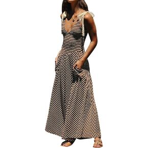 Striped Smocked Maxi Dress for Women Sleeveless Tie Strap Tiered Sexy V Neck Long Dress Flowy Sundress with Pockets