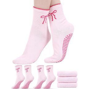 3 Pairs Cute Pilates Socks with Grips for Women Cotton Yoga Non Slip Crew Socks for Workout Ballet Gifts