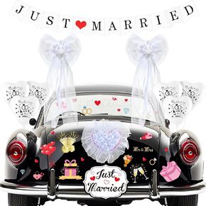 Just Married Car Decorations Include Just Married Banner Pearl Bud Silk Ribbon Flowers Car Front Flower Garland Magnets Stickers Window Decals White Balloons for Honeymoon Wedding Bridal Shower