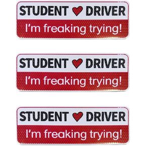 3 PCS Student Driver Magnet for Car, Weather Resistant Removable Novice Rookie Driver Reflective Car Decal, I'm Freaking Trying Safety Attention Signs Car Bumper Stickers (White/Pink)