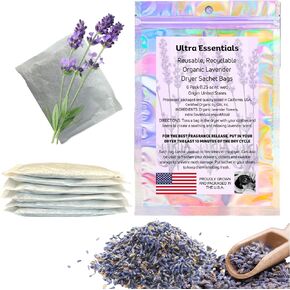 Lavender Sachet for Dryer, Closet & Drawer Fragrance, Freshens Laundry, Naturally Scented Sachets for Shoes, Gym Bags, Cars & Sweater Storage w/Premium Extra Flowers, Grown in USA (6 Pack)