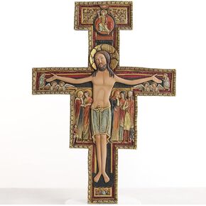 مكرس على جدران 12 "H San Damiano Crucifix ، الكاثوليكي فرانسيس من Assisi San Damiano Crucifix Cross من أجل الجدار ، الصليب الكاثوليكي المفصل المرسومة باليد لتعليق الجدار ، راتنج San Damiano Cross للمذبح أو الضريح (اللون الكامل)