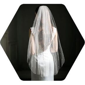 White Pearl Bride Veil Wedding Bridal Veil Pearl Short Wedding Veil Comb Bride Veil Bachelorette Party Veil for Women, Bridal Tulle Veils with Comb