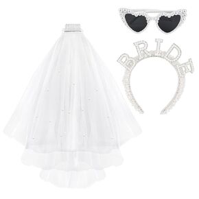 Framendino, Pearl Bride Headband with Veil Heart Shaped Sunglasses Bridal Hairband for Bachelorette Party Decorations