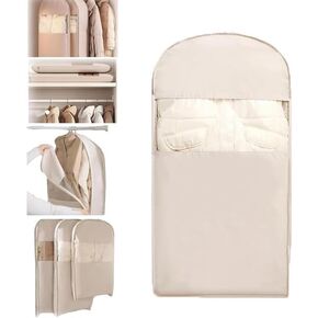 Space Saving Hanging Garment Bag with Self Compression Zipper, Protector for Down Coat, Down Coat Compression Dust Cover for Closet Storage,Protector for Winter Coats, Suits (Beige, M)