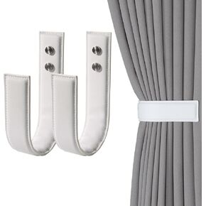 OCIOLI 2 Pack Wall Mounted U-Shaped Curtain Tiebacks & Holdbacks, Curtain Pull Backs Waterproof PU Leather Rustic Drapery Hooks for Indoor/Outdoor Drapes (2, White)