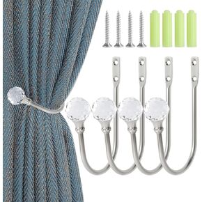 Curtain Holdbacks Silver Wall Mounted Curtain Holders Window Drapery Tiebacks with Clear Crystal Ball Quality Metal Curtain Tiebacks Curtain Hooks with Screws for Drapes, 4 Pcs