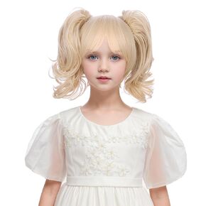 Child Blonde Two Ponytail Wig Kids Short Light Blonde Wavy Curly Anime Wig with Bangs Heat Resistant Synthetic Wig with Wig Cap