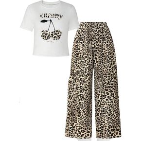 SweatyRocks Girl's 2 Piece Outfits Cherry Leopard Print T Shirt and Wide Leg Pants Clothing Set