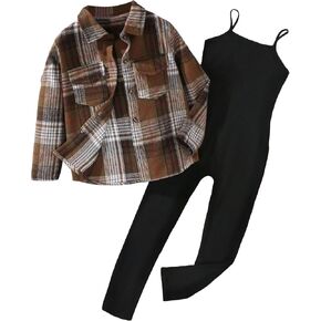 SweatyRocks Girl's 2 Piece Outfits Plaid Button Down Long Sleeve Coat and Cami Jumpsuit Set