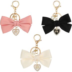 3 Pack Bow Charm for Purse Keychain Bow Black Pink White Bag Charms Bowknot Key Chain Cute Car Key Chain Key Ring Bag Charm Pendant for Handbag Decorations Girls Graduation Gift