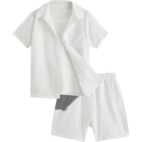 Verdusa Boy's 2 Piece Outfits Vacation Linen Sets Short Sleeve Textured Button Down Shirt and Summer Short