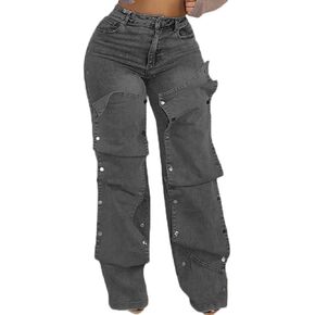 Tbahhir Baggy Cargo Jeans for Women Distressed Irregular High Waisted Wide Leg Boyfriend Y2K Denim Pants with Pockets