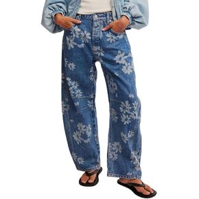 Women Barrel Jeans Casual Wide Leg Baggy Daisy Printed Pants Y2k Boyfriend Mid Rise Denim Ankle Pants in Saudi Arabia