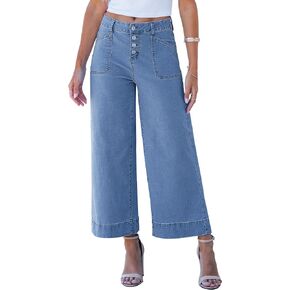 luvamia Wide Leg Jeans for Women Cropped High Waisted Trendy Button Fly Patch Pocket Stretchy Denim Pants Trousers Jeans