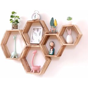 WONFUlity Hexagon Floating Shelves Honeycomb Shelves Wall Mounted Wood Farmhouse Storage Wall Shelf for Bathroom, Kitchen, Bedroom, Living Room,Driftwood Finish Wall Decor,Dark Brwon