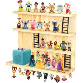 for Tonies Shelf Magnetic,Tonies Storage Wall, Holds 50+ Characters Creative Magnetic Top & Back,Pinewood Floating Shelves for Wall,Dedicated Charging Spot for Toniebox,Figures Storage,4-Tier