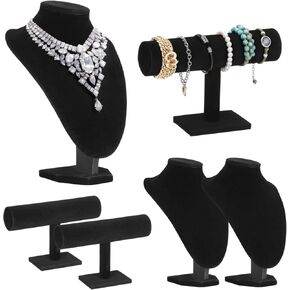 6 Pcs Jewelry Display Set, Including 3 Pcs Necklace Display Busts & 3 Pcs T-Bar Bracelet Holders, Black Velvet Jewelry Display Stands, Necklace Bangle Mannequins for Trade Show