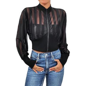Wdirara Women's Contraving Mesh up up bomber stack stack