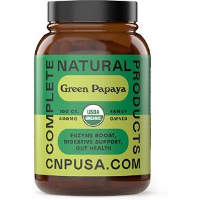 Complete Natural Products Organic Green Papaya Capsules - Green Papain Enzyme Capsules - 500mg 100 Pills, Organic Unripe Papaya Powder Digestive Super Fruit & Fiber