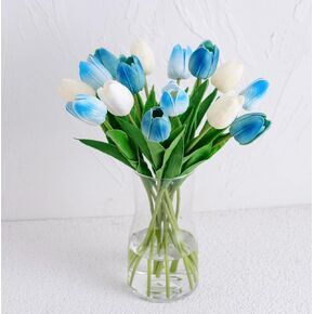 White Tulips Artificial Flowers with Vase, 20 Pcs Faux Tulip Stems Real Feel PU Flowers Arrangement Suitable for Kitchen Living Office Spring Decor, Centerpiece Table Decorations