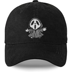 Ghost Hat for Men Women, Adjustable Embroidered Ghost Baseball Cap Black