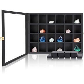 Adjustable Rock Display Case, Wooden Crystal Collection for Stones Storage, Wall Mounted Rock Collection Box with Acrylic Glass Lid and Shelves, Black