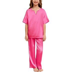 QPANCY Girls Silk Pajamas 2 Piece Short Sleeve Pjs Set Kids Satin Pajamas V Neck Shirt with Long Pant Soft Loungewear