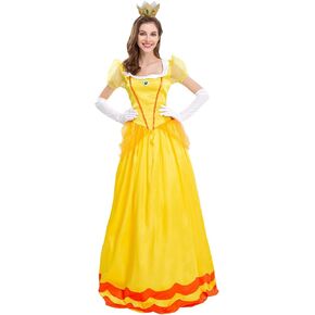 Princess Peach Costume Adult Puff Sleeve Long Dress+Glove +Crown 3Pcs Fairy Outfit Halloween Christmas Carnival Cosplay