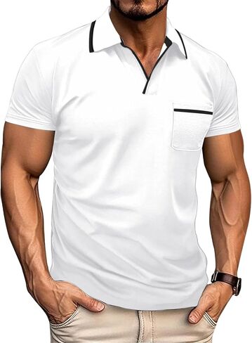 Men's Polo Shirt Short Sleeve V Neck Casual Classic Lightweight Tees Golf Cotton Stylish T-Shirt with Pocket in Kuwait