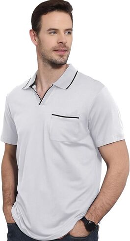Men's Polo Shirt Short Sleeve V Neck Casual Classic Lightweight Tees Golf Cotton Stylish T-Shirt with Pocket in Kuwait